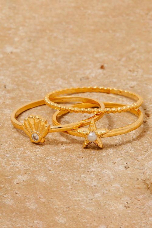 3Pc Cz Seashell And Star Band Rings Set
