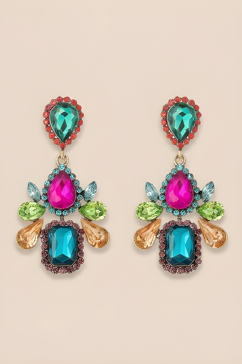 Colorful gemstone earrings on a beige background
