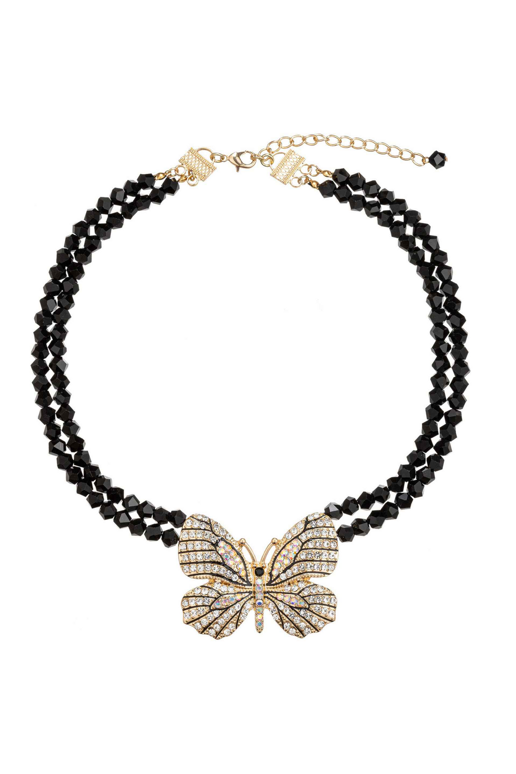 Necklace with black beads and a butterfly pendant on a white background