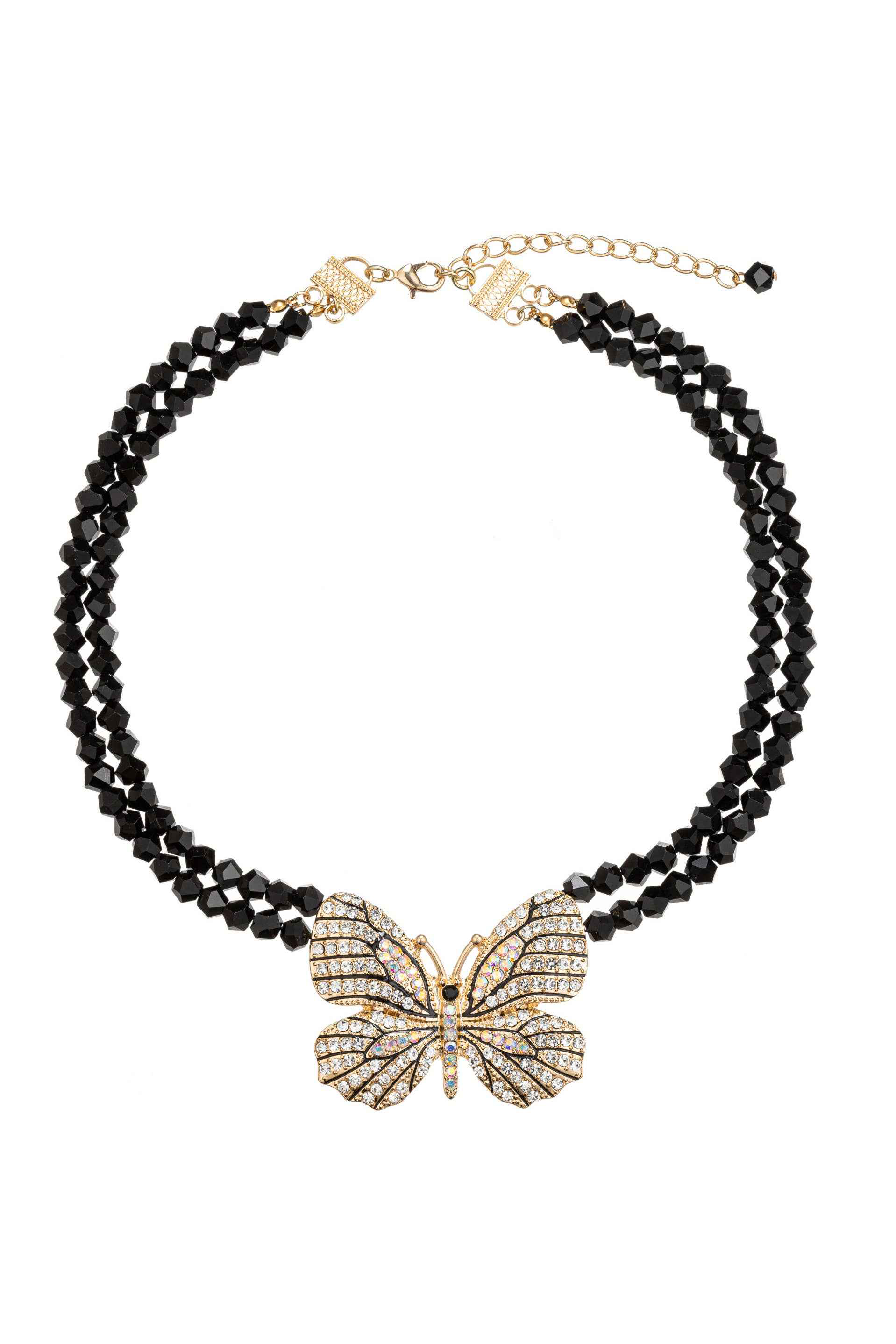 Necklace with black beads and a butterfly pendant on a white background