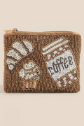 Beaded pouch with coffee-themed design on a beige background