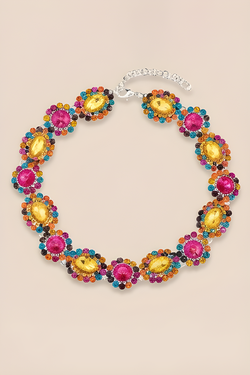 Colorful beaded necklace on a beige background