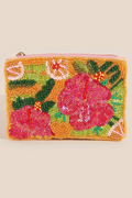 Colorful beaded pouch with floral design on a beige background