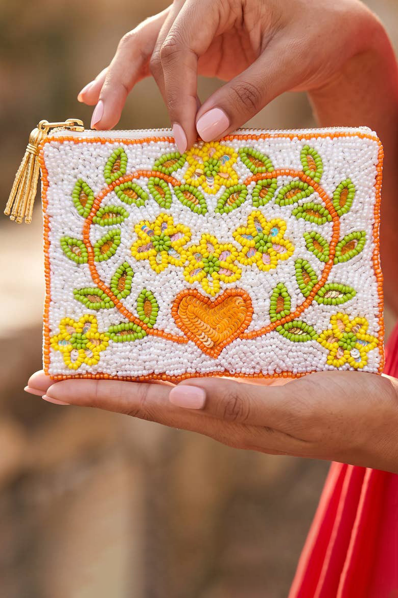 Heart Wreath Blooms Beaded Coin Pouch