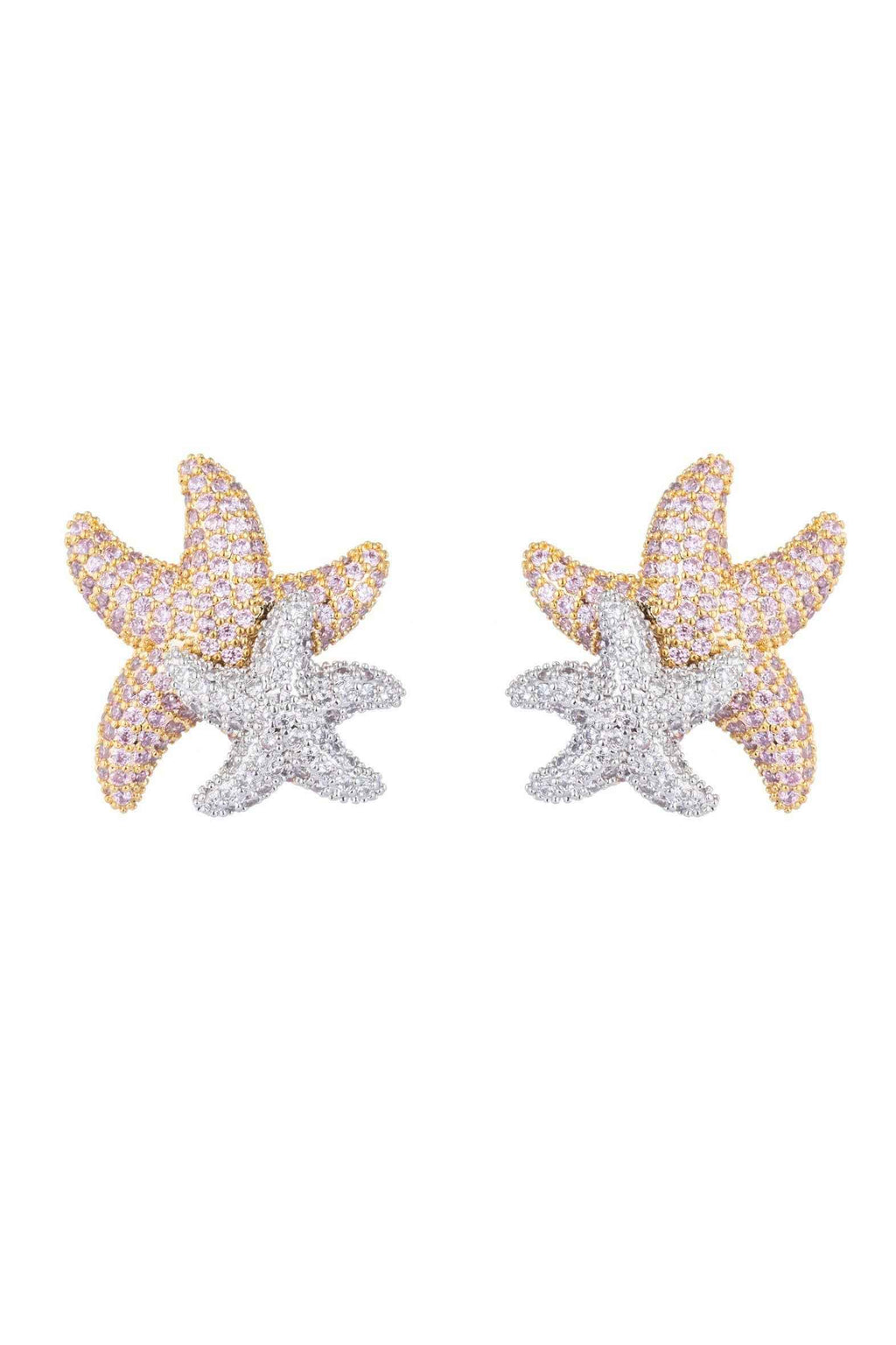 Starfish-shaped earrings with gold and silver detailing on a white background
