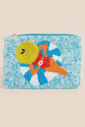 Colorful beaded pouch with a design on a beige background