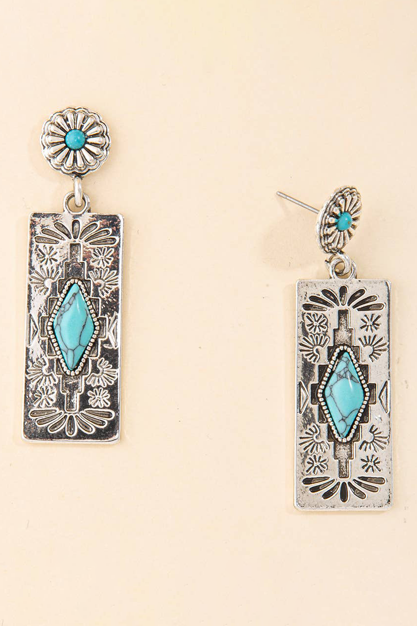 Turquoise Aztec Rectangle Drop Earrings